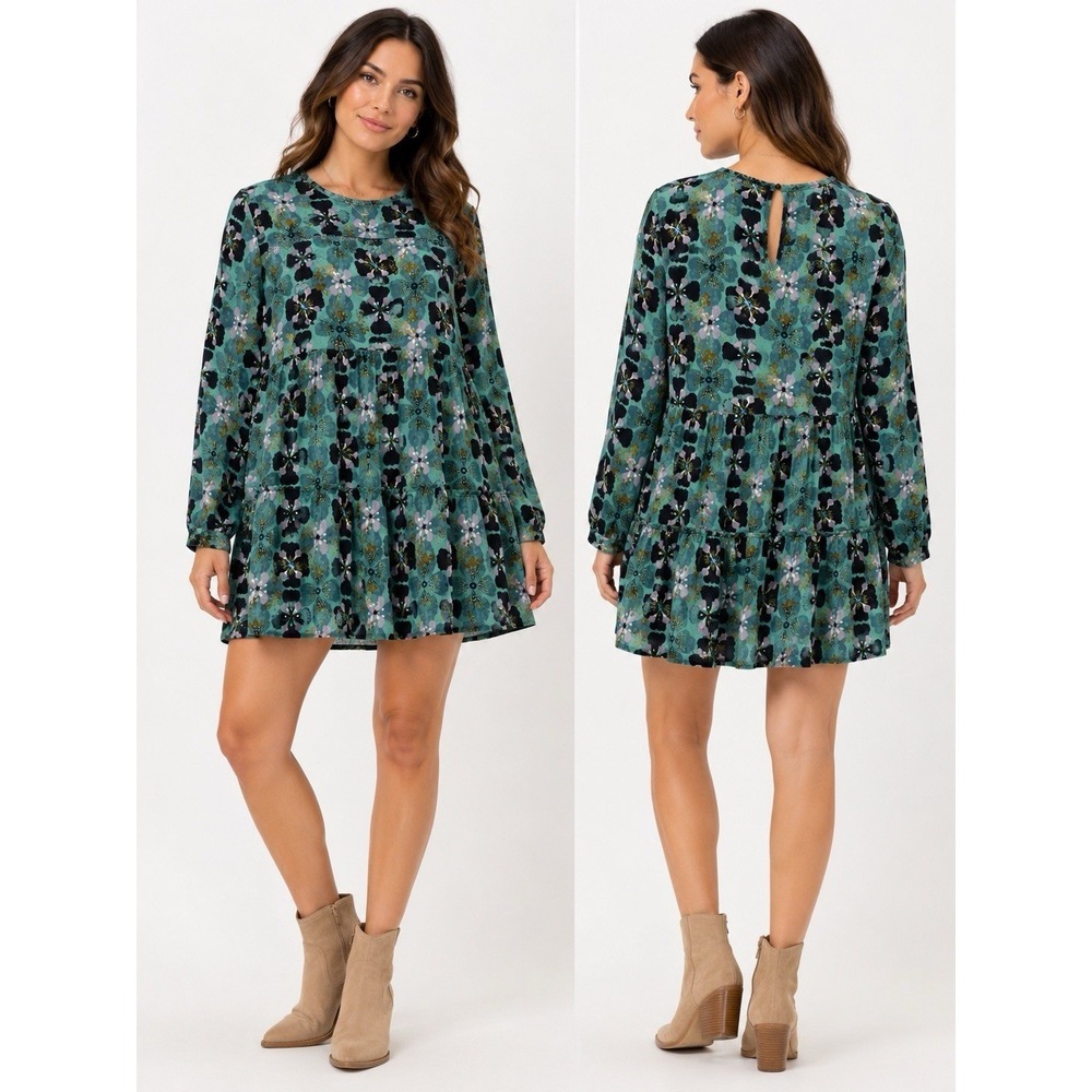 Knox Rose Floral Boho Tiered Mini Dress Womens Medium Teal Long Sleeve Keyhole